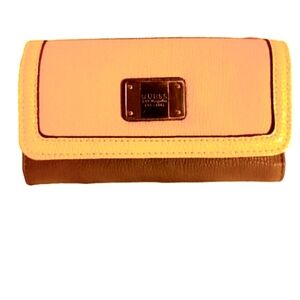 Guess pink gray and cream pebbled leather tri fold wallet